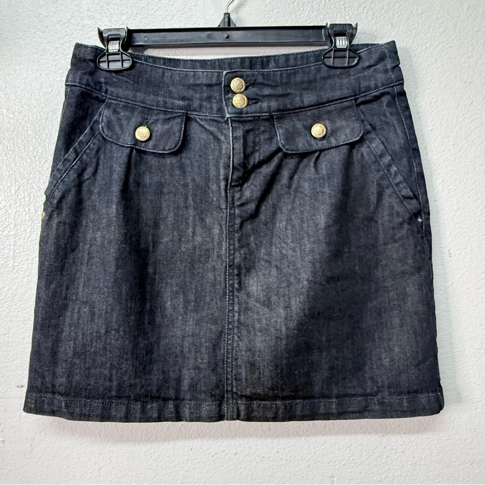 Lucy Culture Dark Wash Denim Mini Skirt Gold Button Preppy Classic Size 27